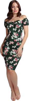 Collectif DOLORES Floral VINTAGE BLOOM Rosen Kurzarm PENCIL Kleid Rockabilly