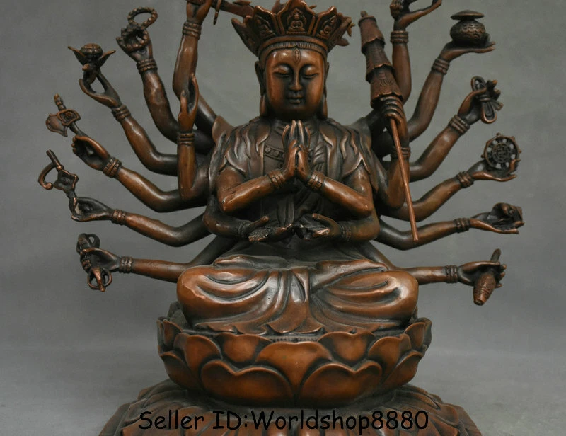 12" Old Tibet Buddhism Red Copper 18 Hands Maha Cundi Mother Buddha Lotus Statue - Image 3 of 4