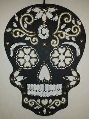 Hand Painted Sugar Skull Wall Hanging Gold glitter & white 16.5'' Tall x 12'' Wide