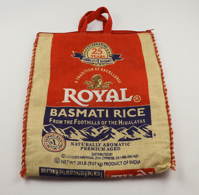 Royal Basmati Rice Bag EMPTY Red Handles Zipper Upcycle Burlap Jute Tote Grocery