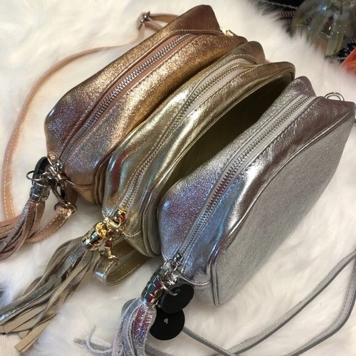 Borse In Pelle Leather Rose GolMetallic camera bag w tassels NWOT $ 120 - Picture 5 of 5