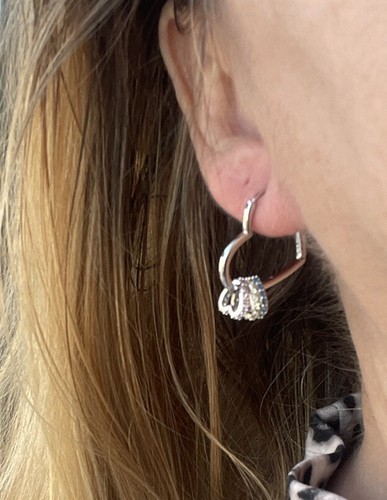 925 Silver Cz Heart 3 Removable Multicolor Heart Charms Hoop Earrings - Picture 10 of 11