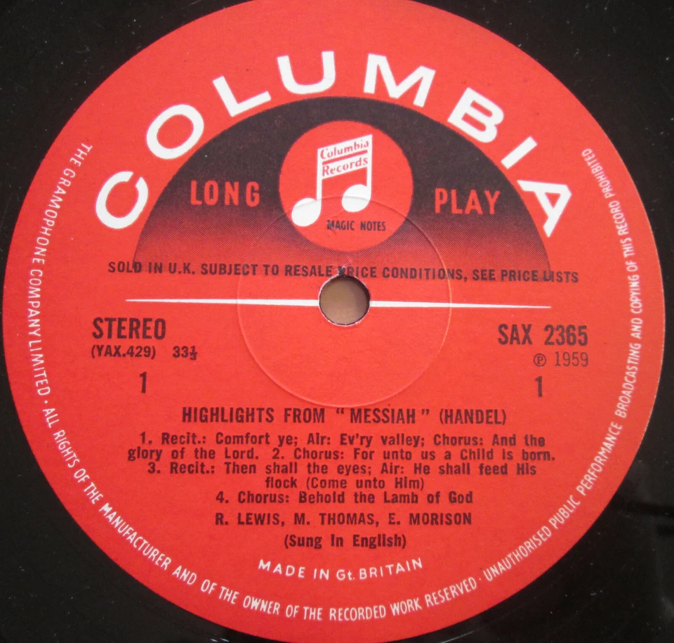 SAX 2365 Handel Messiah Highlights Sir Malcolm Sargent EX Columbia S/C - Image 3 of 4