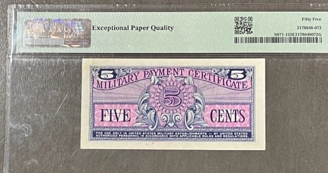 Series 611 5 Cent Military Payment Certificate First Printing PMG 55 EPQ S871-1 - Image 2 of 4