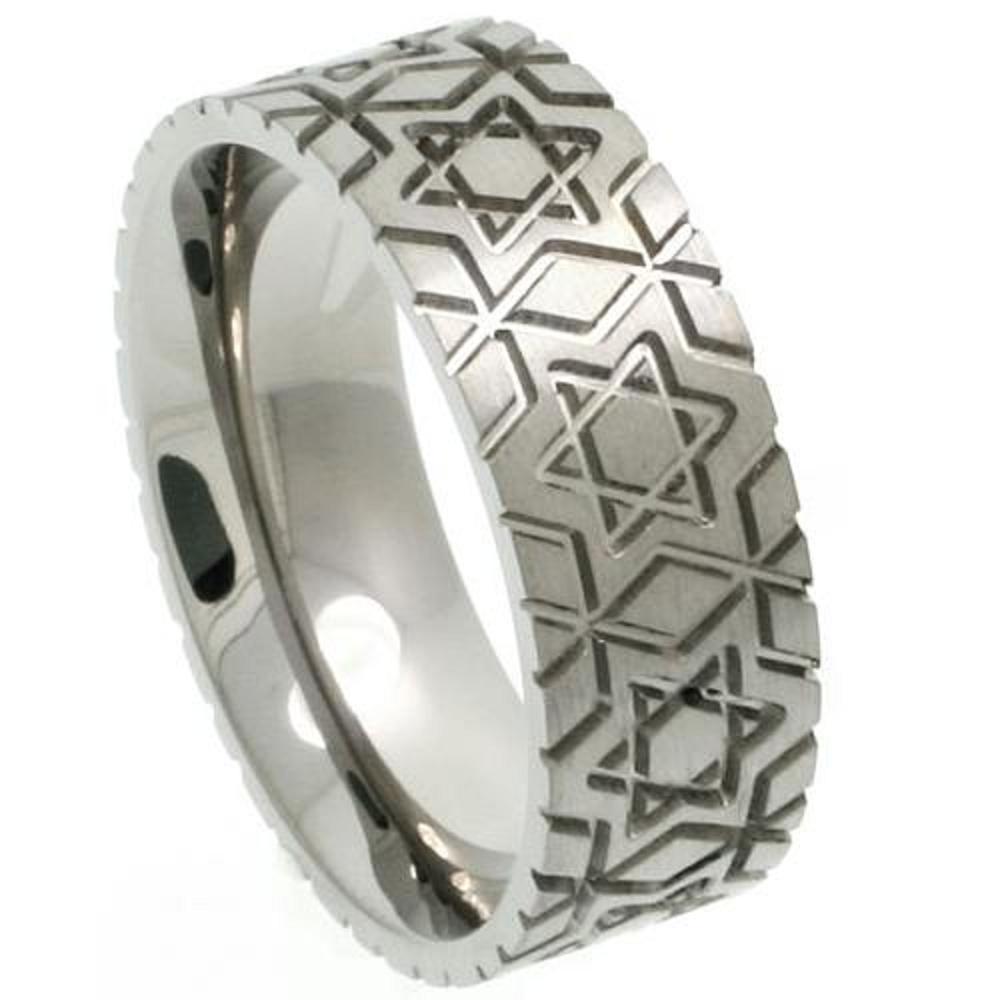 8mm Titanium Flat Wedding Band Ring w/ Deep Carving Star Of David, Matte Finish