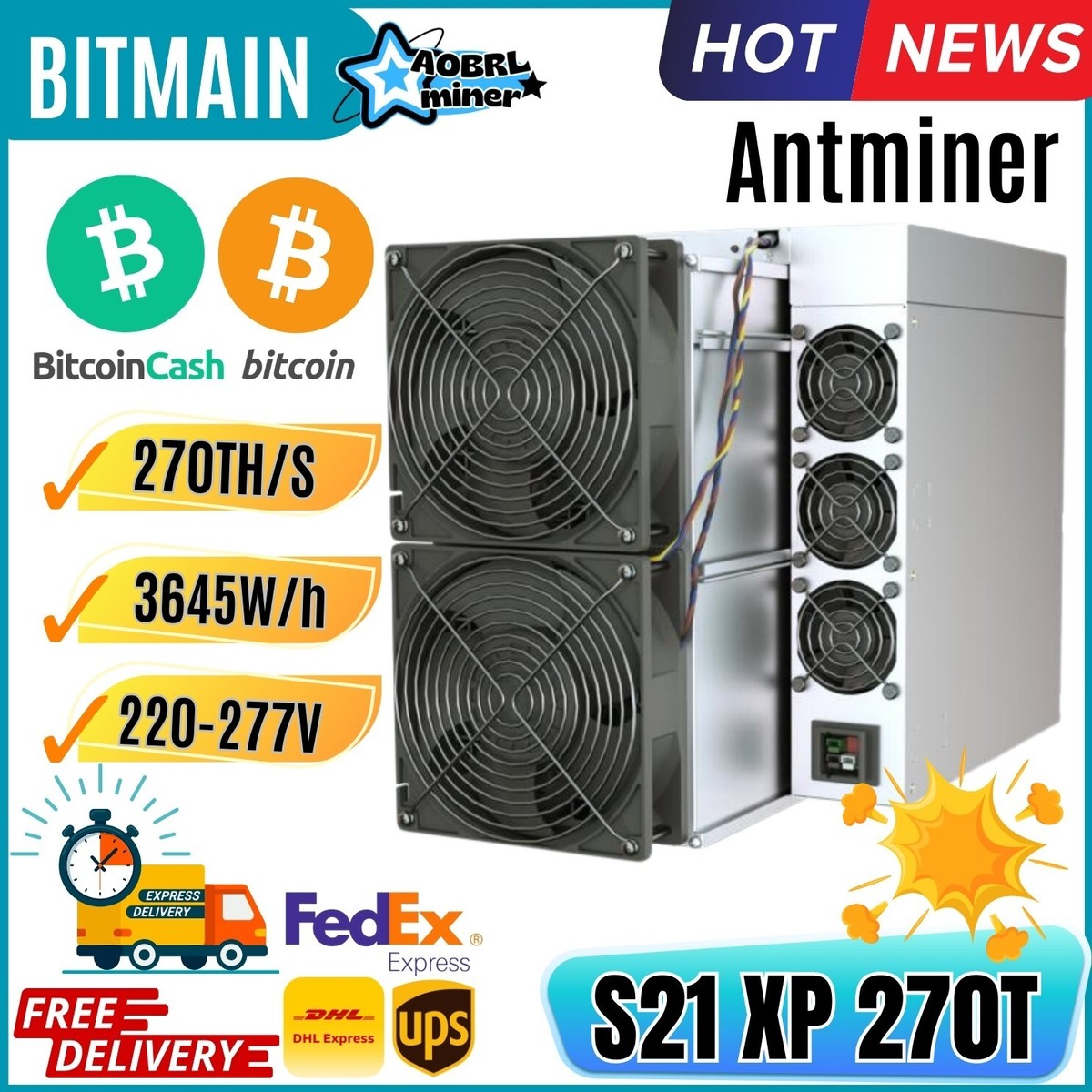 New BITMAIN Antminer S21 XP 270TH/s 3645W Bitcoin Miner BTC BCH BSV Miner  SHA256