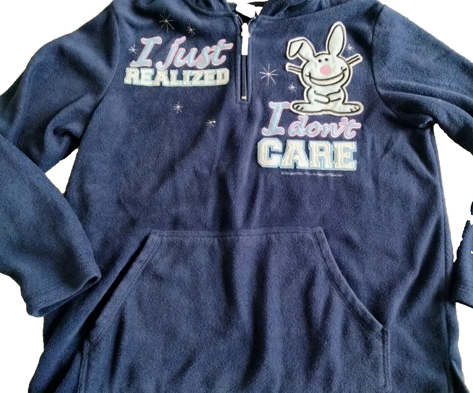 Jim Benton Its Happy Bunny "I Don't Care" Blue Fleece Hoodie 1X 16W Jerry Leigh - Image 3 of 4
