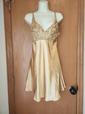 Vintage Victoria's Secret Gold Satin Slip Dress Floral Lace Trim Medium M
