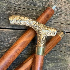 Antique Brass Handle Wooden Walking Stick Canes Vintage Gift For Grand Mom  Dad