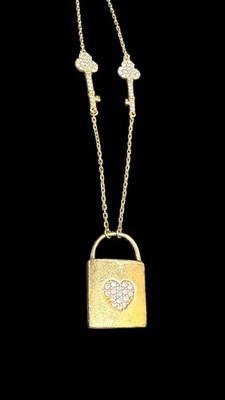 925 Silver Signed EHC Key To Heart Necklace Lock Gold Vermeil 