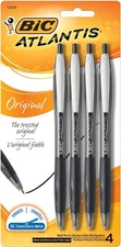 BIC Atlantis Original Retractable Ball Pen, Medium Point (1.0 mm), Black 4-Count
