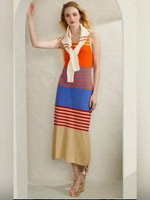 Etcetera Knit Dress Orange Blue Midi Dress with Cream Hem Size Medium