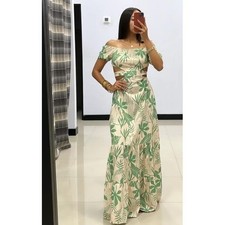 Micas Tropical Off-Shoulder Maxi Dress with Cutouts Green Leaf Print Size XL