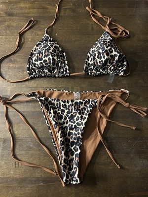 NWOT Sexy Skimpy Animal Leopard Print Tri-Top Tie Side Bottom String Bikini Sz L