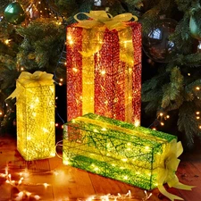 VINGLI Lighted Gift Boxes Set Of 3, Pre-lit Nestable Present Boxes Ornament With