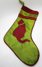 19" Cat Christmas Stocking Green w/ Red Cat Excellent Condition Never Used