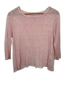 Three Dots Womens Linen Blend Tee 3/4 Sleeve Striped White Red Size Small