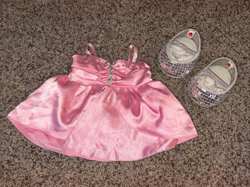 Build A Bear Pink Satiny Dress & Sequin Sparkly Shoes Set BABW