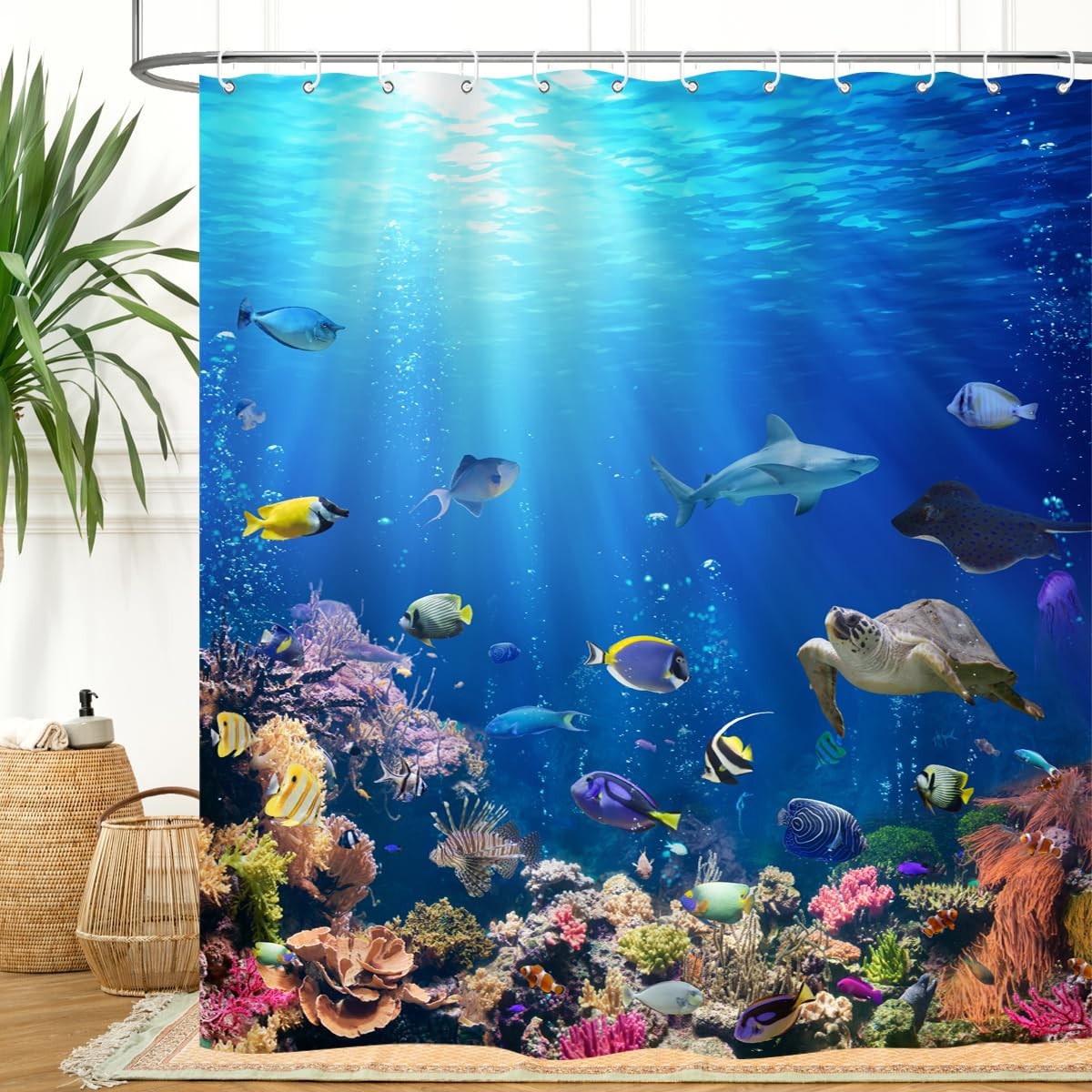 Ocean Underwater World Shower Curtain Colorful Tropical Fishes Turtle Coral i...
