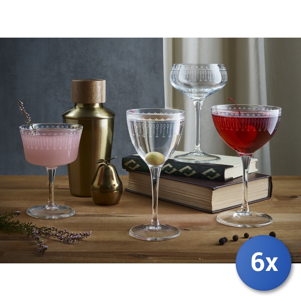 6x Glasses In Transparent Glass With Art Deco Decoration Nick&Nora 15.5Cl