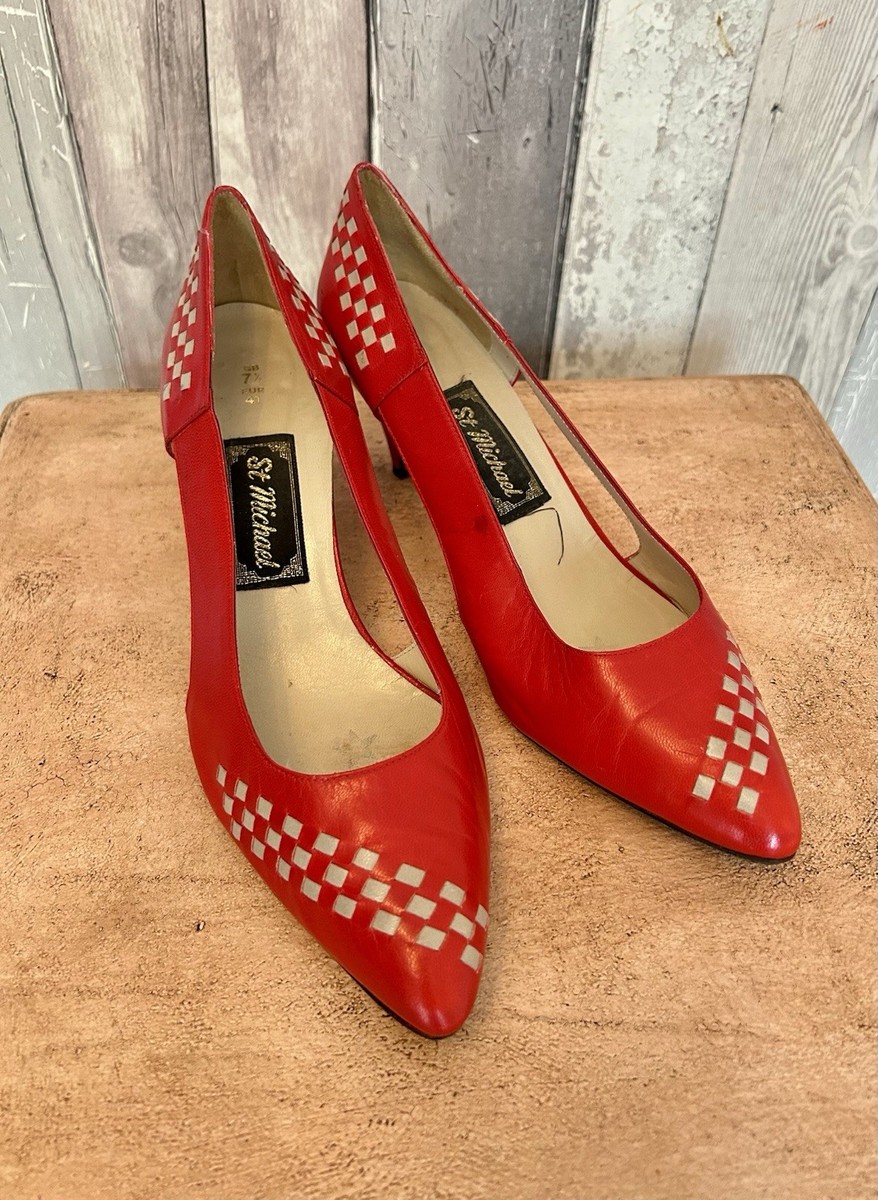 Red Leather St Michael Vintage Shoes Kitten Heel Size Uk UK