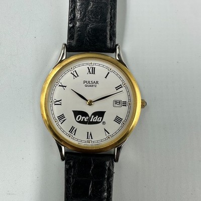 Vintage Pulsar Watch Men Gold Tone Ore Ida Logo Black Leather Band