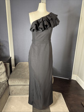 Women’s One-Shoulder Ruffle Black Evening Dress Leg Slit Corset Back Size 12