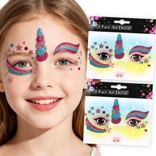 Unicorn Face Glitter Stickers, BlueTemporary Face Art Decals, Sparkly Self-Ad...
