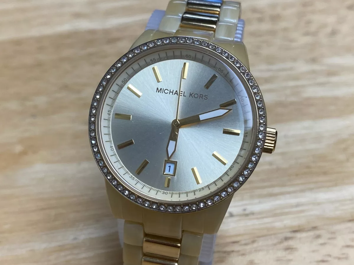 Michael Kors MK 5785 Lady Faux Marble Rhinestone Analog Quartz Watch New Batter