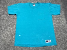 Vintage USA Made Blank POCKET Aqua Green Shirt DISTRESSED Large Russell