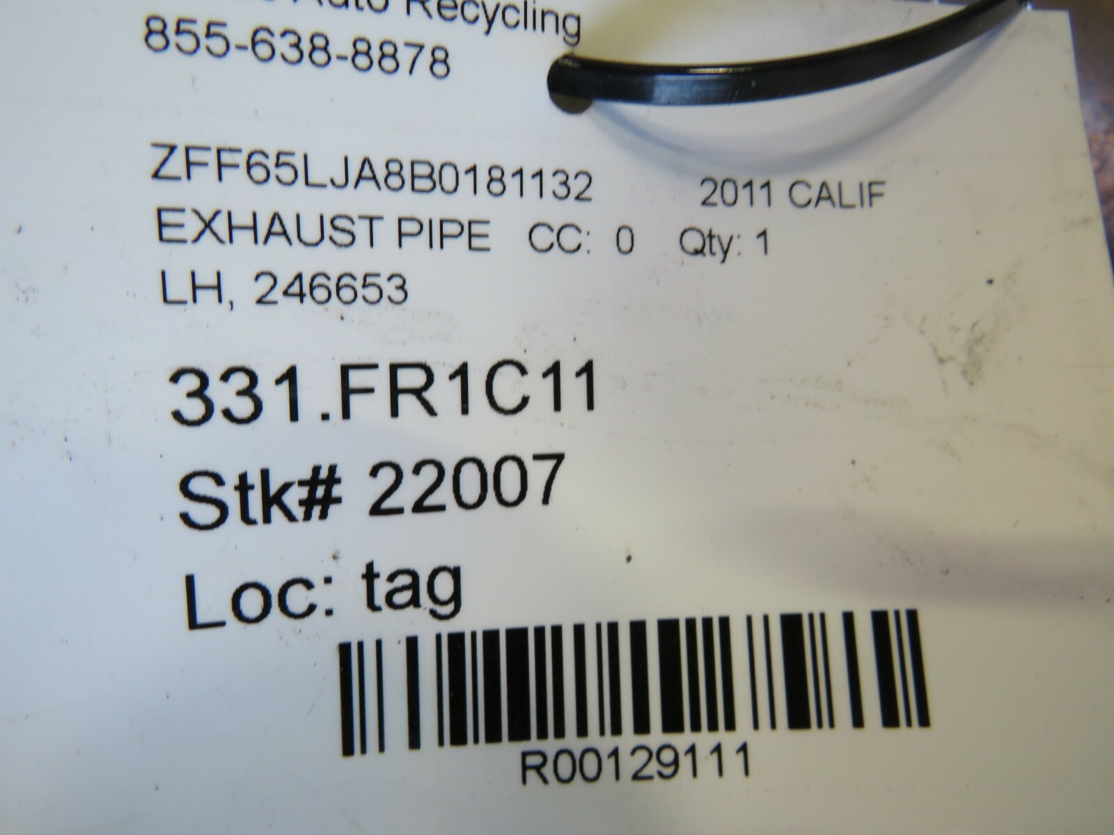 Ferrari California, LH, Left, Exhaust Pipe, Used, P/N 246653