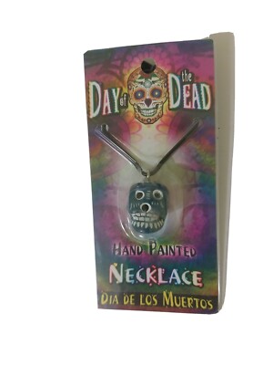Necklace Hand Painted Dia De Los Muertos Day Of The Dead purple, red, white
