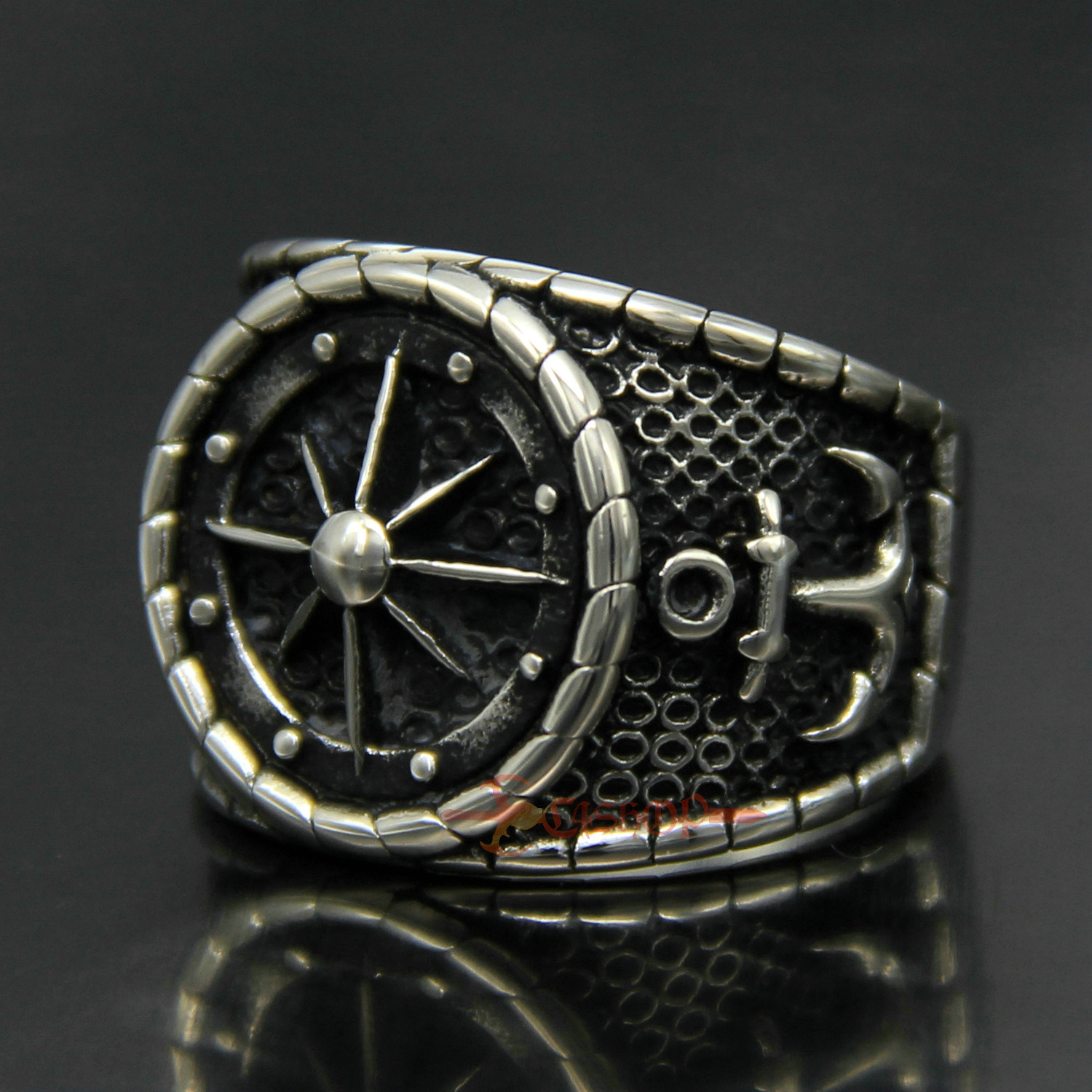 Retro Stainless Steel Rudder Anchor Ring Men Women Nautical Sailor ...