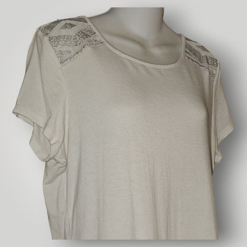 BKE Buckle Women's L White Rayon Blend Blouse Silver Lace Inset Short Sleeve Top - Picture 5 of 8