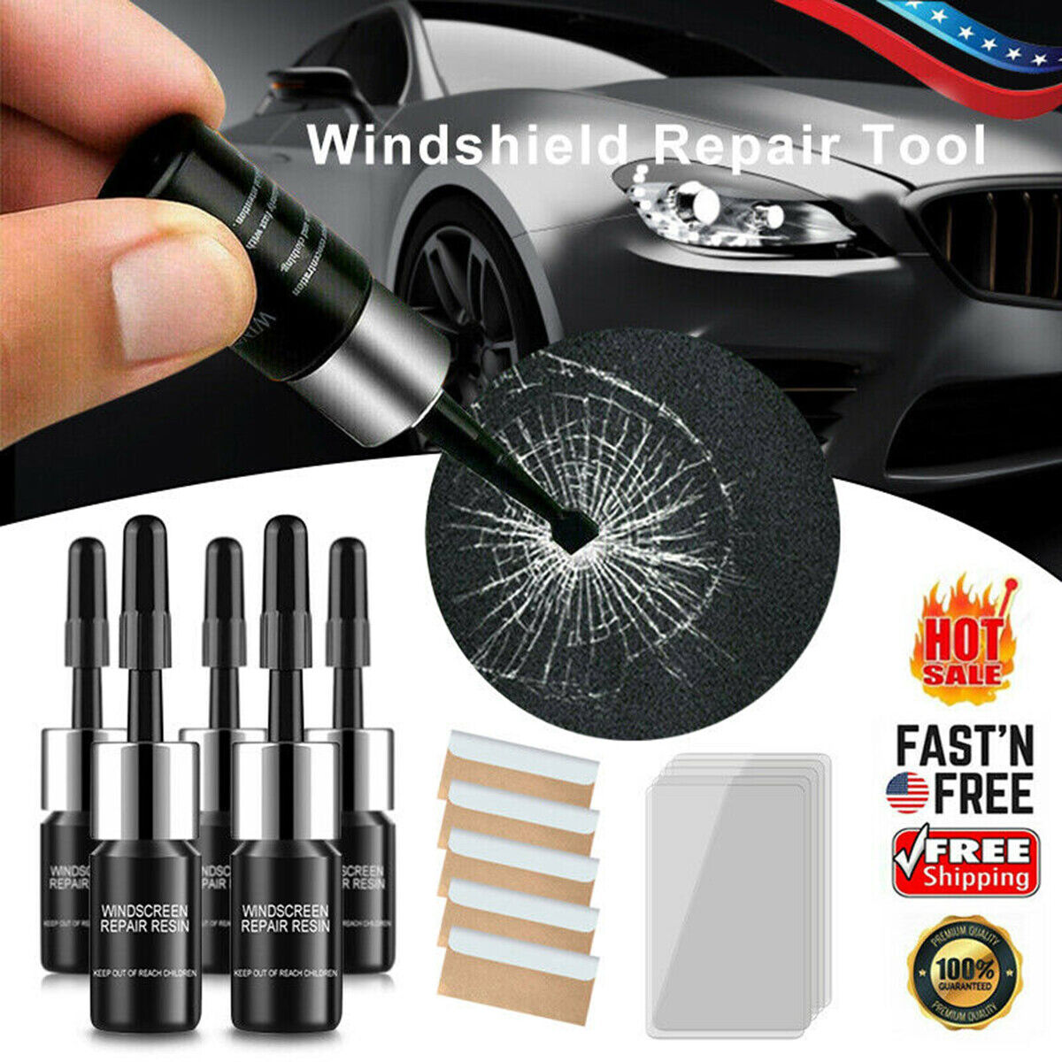 5-Pack Auto Glass Nano Repair Fluid Car Windshield Resin Crack Tool Kit  Crack US