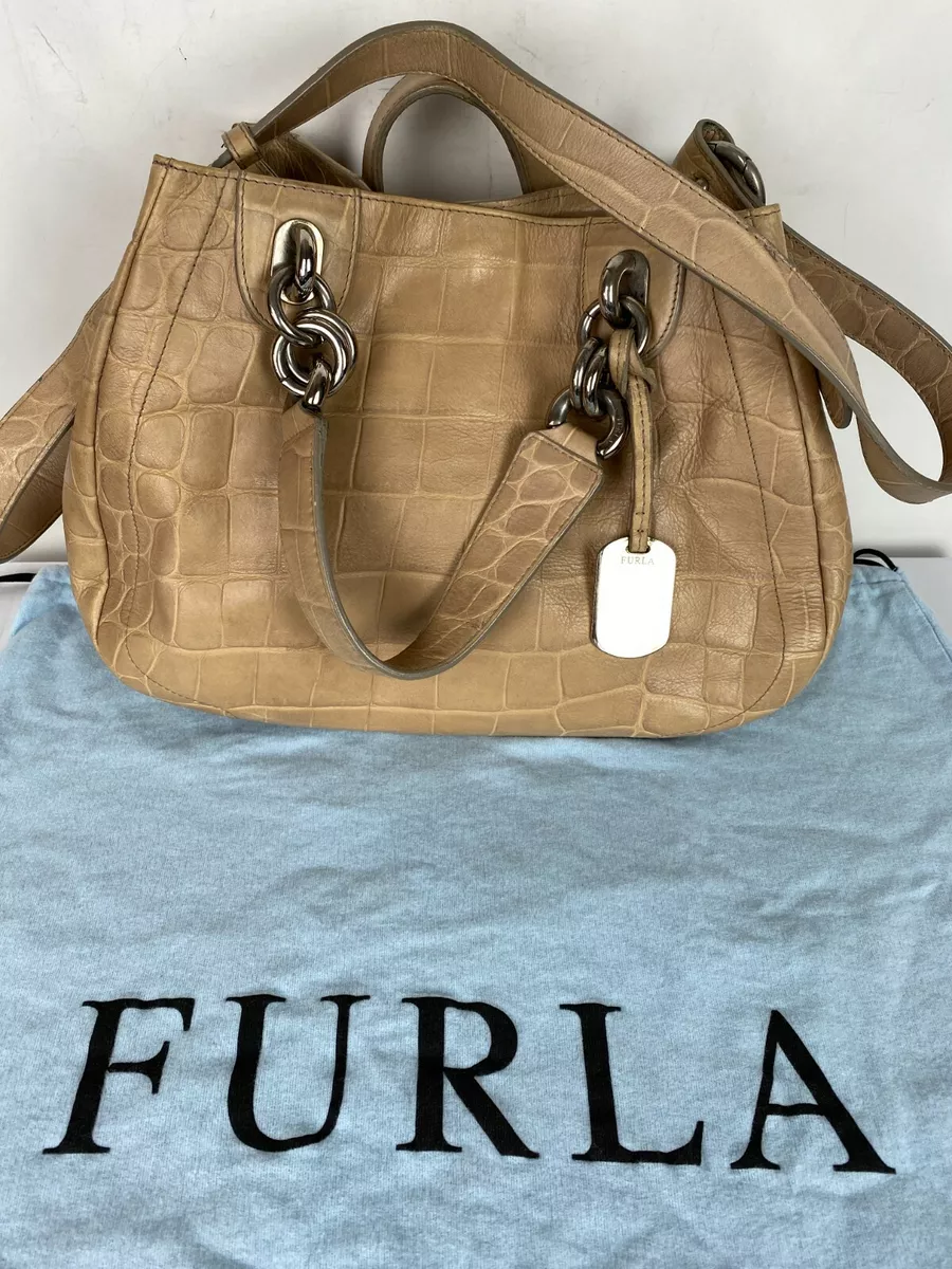 Furla Italian Leather Embossed Crocodile Tote Shoulder Bag Satchel Handbag  Taupe