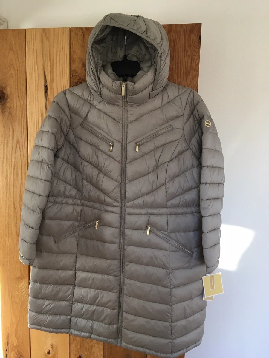 Womens Michael Kors Long Packable Coat Nickel Silver Grey Size 0X Approx Uk 18