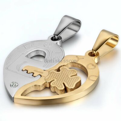 His and Hers Stainless Steel I Love You Heart Lock & Key Couple Pendant Necklace