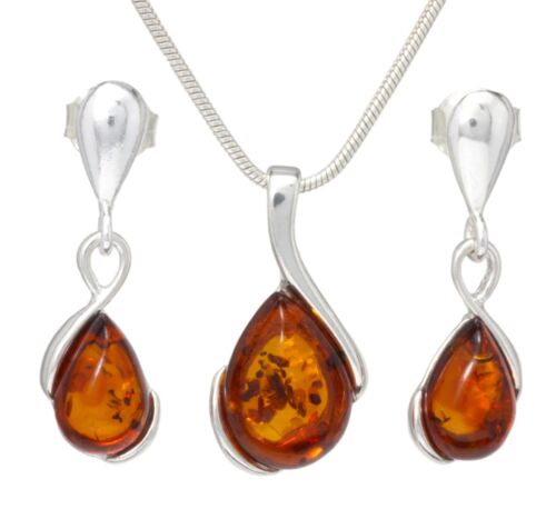 BALTIC AMBER SILVER 925 Jewellery SET EARRINGS & NECKLACE CHAIN Gift Certified - Picture 1 of 8