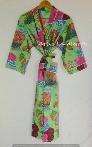 Indien Vert Imprimé Floral Robe en Coton Long Kimono Pyjama Nuit Indien Vert Imprimé Floral Robe en Coton Long Kimono Pyjama Nuit