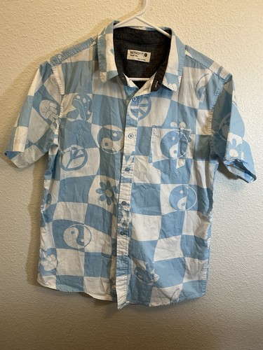 Retrofit Men's M Blue/White Check Yin Yang Short Sleeve Button-Up Cotton