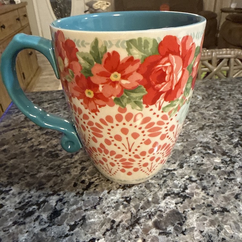 Pioneer Woman 28 Oz Jumbo Latte Coffee Cup Mug Red & Teal Vintage Floral Pattern