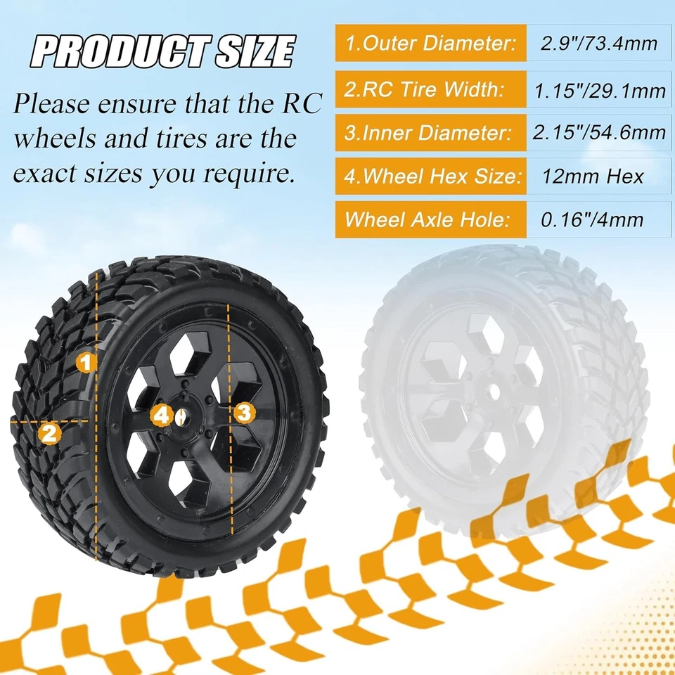 12mm Hex RC Wheels & Tires for 1/14 1/16 1/18 Cars - Pre-Glued Design - Image 3 of 4