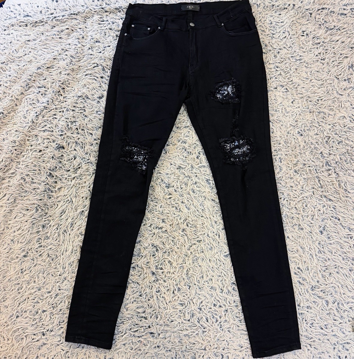 AMIRI MX1 Sequin Paisley Distressed Jeans Black Japan Fabric