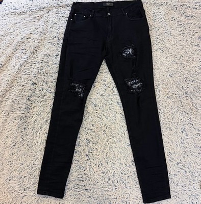 AMIRI MX1 Sequin Paisley Distressed Jeans Black Japan Fabric
