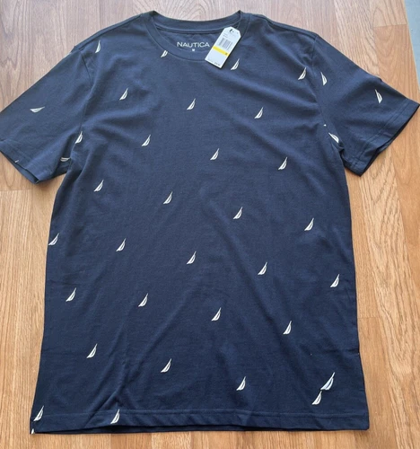 Nautica Men's T-Shirt Size Medium Navy Blue All Over Logo Print Crew Neck NEW video thumbnail