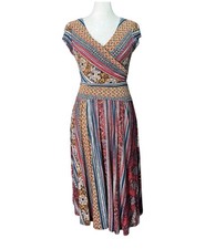 Maeve Womens Mixed Print Wrap Midi Dress Boho Folk Art Cottagecore Prairie Sz XS
