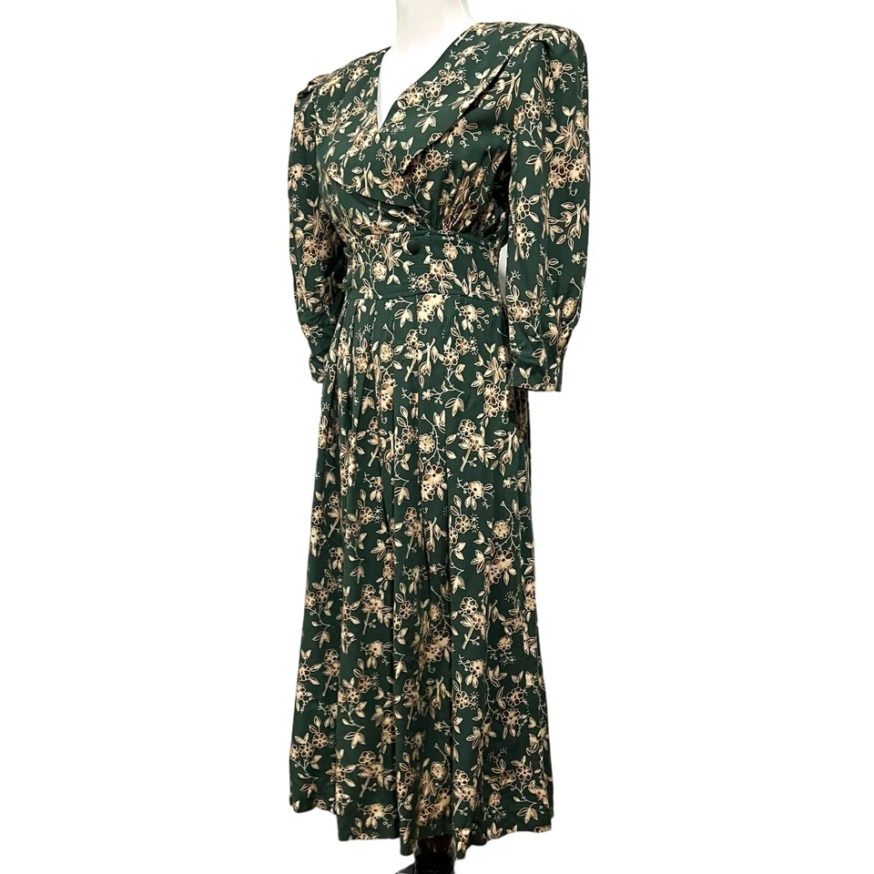 Vintage L.G. Star Green Floral Midi Dress Collar Pleated Shoulders Women’s Sz 8 - Image 4 of 4