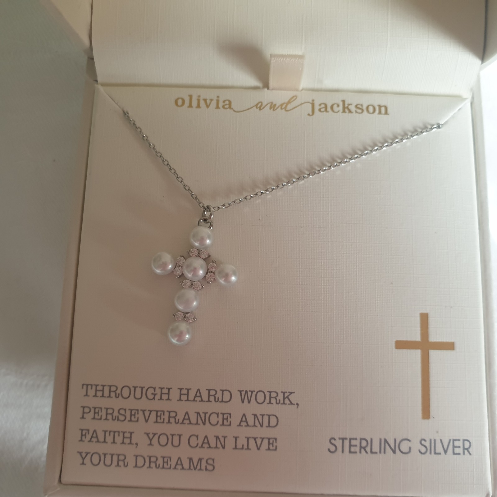 Olivia and Jackson Pearl Silver Cross Pendant Necklace Religious New image 4