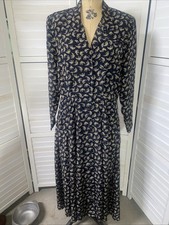 90s Leslie Faye Shirt Dress Sz 12 Large Maxi A-line Button Front Black Floral